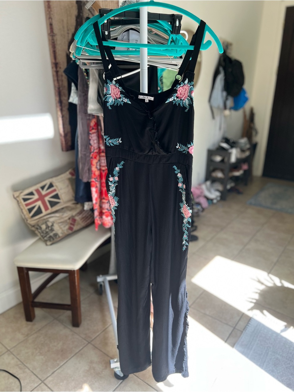 Willow & Clay Black Jumpsuit with Pink and Teal Floral Embroidery